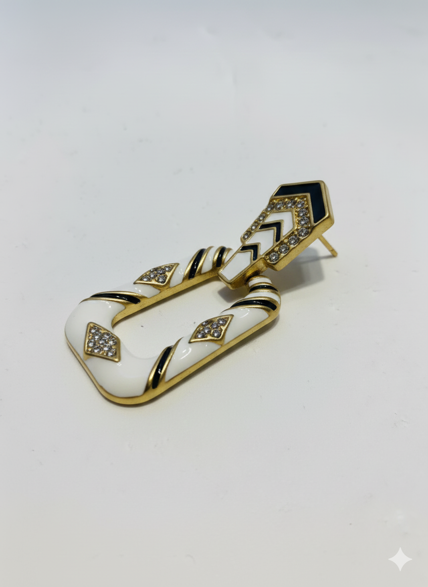 Vintage Stil Siyah Beyaz Kontrastlı Kristal Küpe