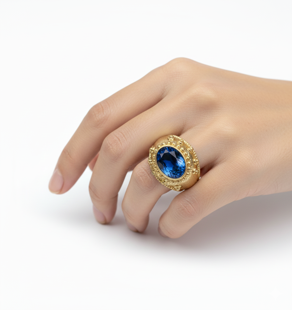 Safir Esintili Antik Altın Kaplama Yüzük