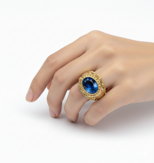 Safir Esintili Antik Altın Kaplama Yüzük